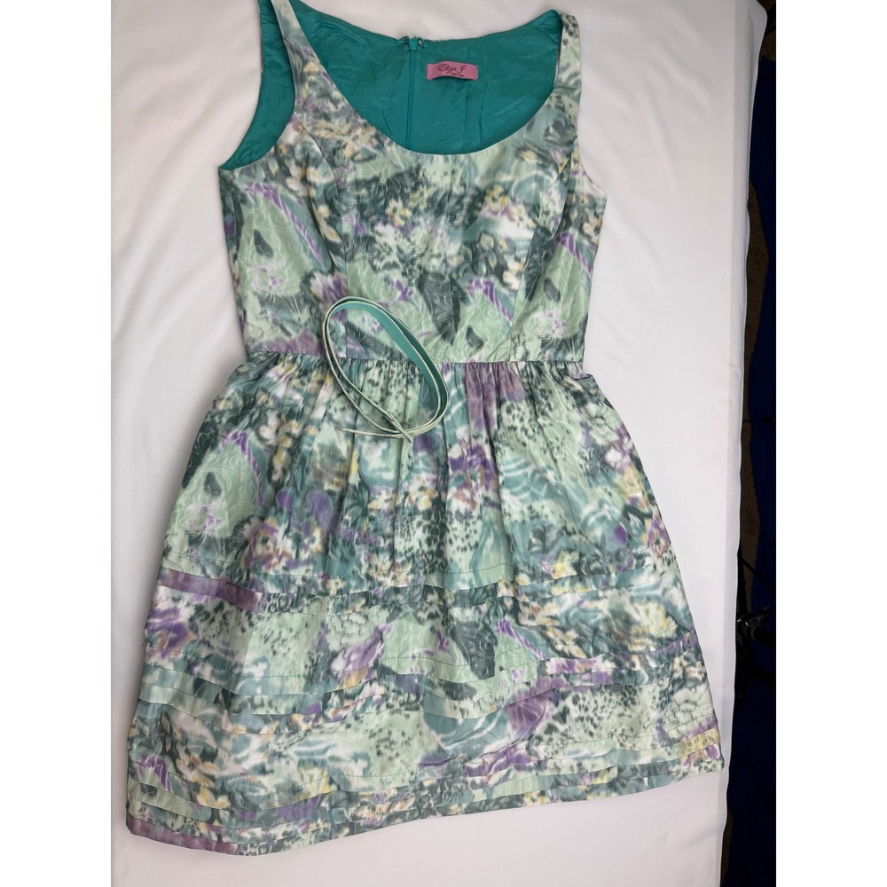 Eliza J Women Mint Green Purple Abstract Floral Tiered Fit Flare Dress with Belt